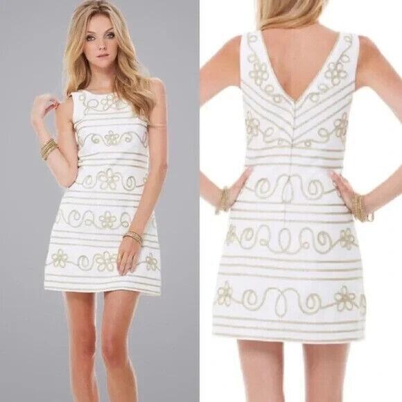 Lilly Pulitzer Dress Lennox White Gold Embroidered Sheath Mini Round Nec… - Picture 1 of 9